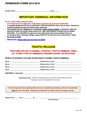 Student Dismissal and Permission Forms 2015-2016