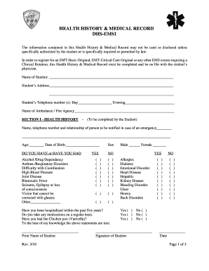 HEALTH HISTORY MEDICAL RECORD DHS-EMS1