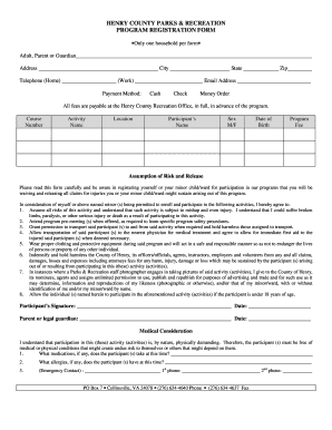 Henry County Parks & Recreation Program Registration Form