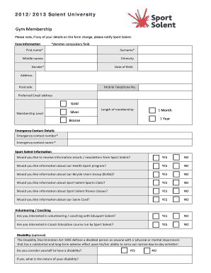 Solent University Gym Membership Form
