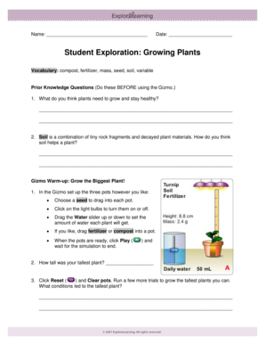 Student Exploration: Growing Plants Worksheet