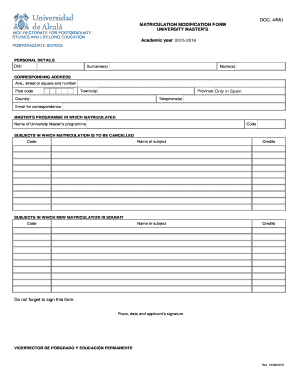 University Master's Matriculation Modification Form