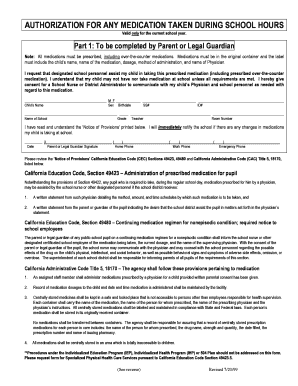 Authorization for Medication During School Hours