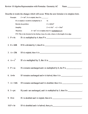 Algebra Representation with Formulas Geometry Worksheet