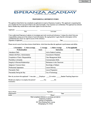 Professional Reference Form for Teacher Application