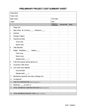Preliminary Project Cost Summary Sheet
