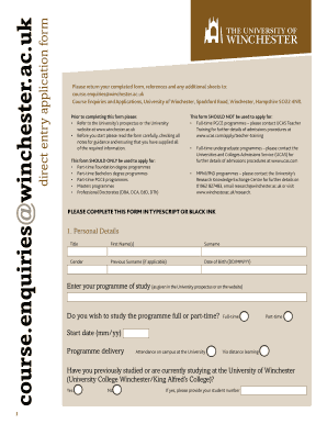 University of Winchester Direct Entry Application Form