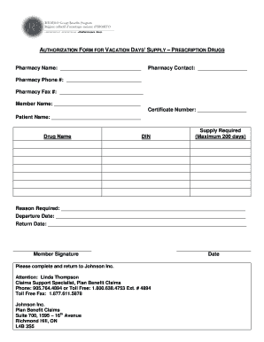Authorization Form for Vacation Days' Supply - Prescription Drugs