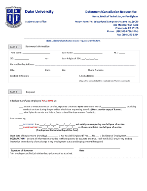 Duke University Loan Deferment/Cancellation Request