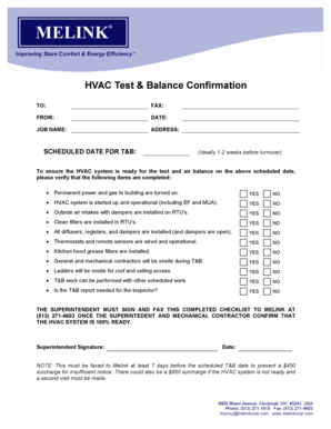 HVAC Test & Balance Confirmation Form