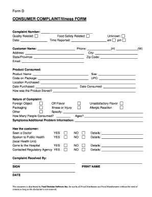 Consumer Complaint Illness Form