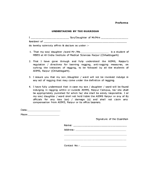 Guardian Undertaking Form for Anti-Ragging