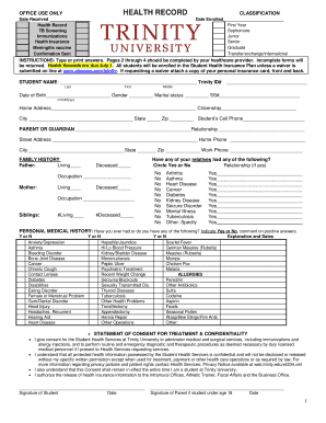 Trinity University Health Record Form