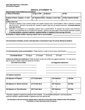 Idaho Medical Statement for Special Meals