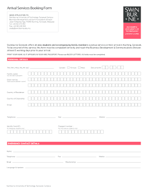 Swinburne University Arrival Services Booking Form