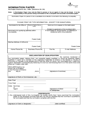 Ontario Nomination Paper for Municipal Elections