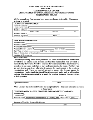 Arkansas Insurance Course Completion Affidavit