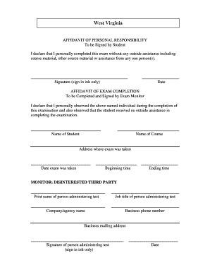 Affidavit of Personal Responsibility and Exam Completion