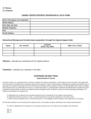 Vested Interest Biographical Data Form