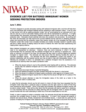 Evidence List for Battered Immigrant Women Seeking Protection Orders