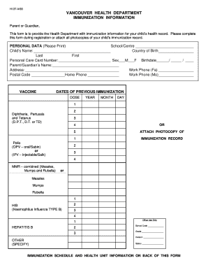 Vancouver Child Immunization Form