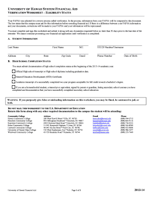 University of Hawaii Financial Aid Verification Worksheet