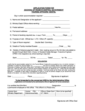 Application Form for Booking of Room in Central Government Touring Officers' Hostel