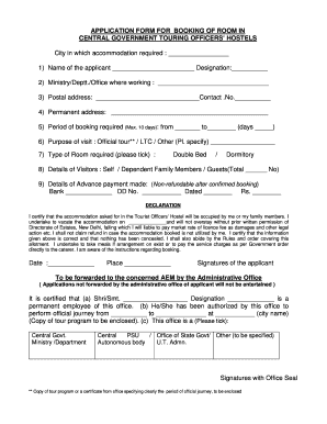 Application Form for Booking of Room in Central Government Touring Officers’ Hostels