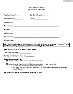 Choctaw Area Council Popcorn Prize Form