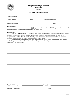 Teacher Comment Sheet