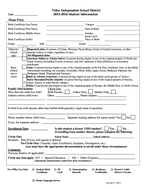 Vidor Independent School District Student Information Form