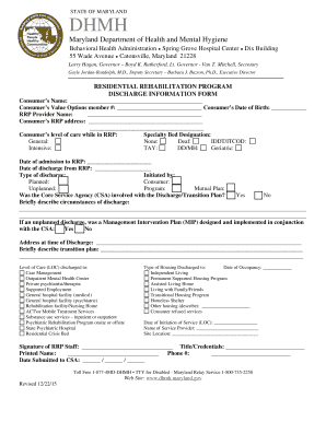 Maryland Residential Rehabilitation Program Discharge Form