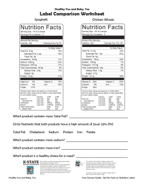 Nutrition Label Comparison Worksheet