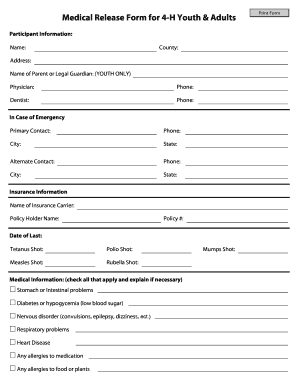 Medical Release Form for 4-H Youth & Adults