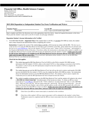 2015-2016 Dependent or Independent Student Tax Form Verification and Waiver