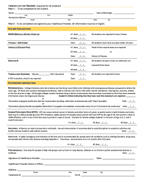 Student Immunization Record Form