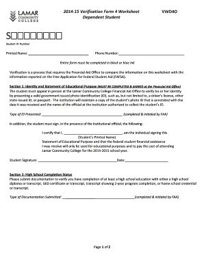 2014-15 Verification Form 4 Worksheet