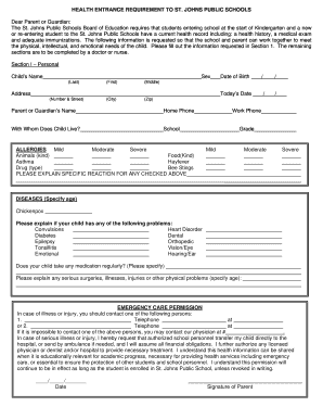 Health Entrance Requirement Form