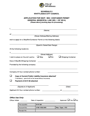 Skip Bin Container Permit Application