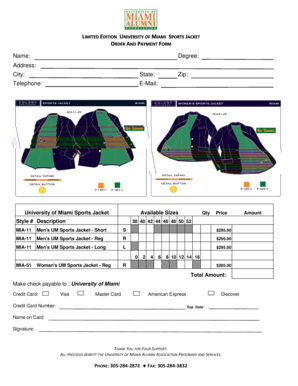 University of Miami Sports Jacket Order Form