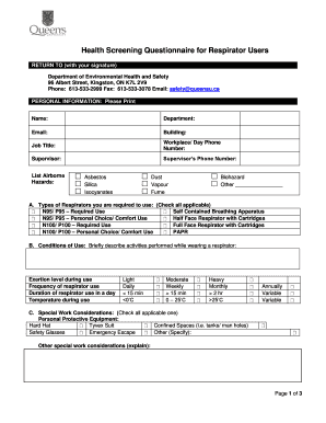 Health Screening Questionnaire for Respirator Users - safety queensu