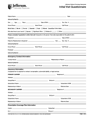 Jefferson Medical Oncology Initial Visit Questionnaire