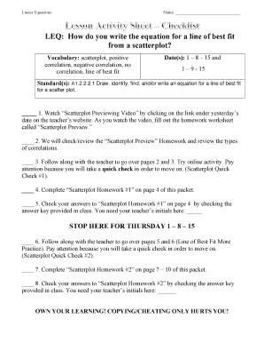 Line of Best Fit Worksheet