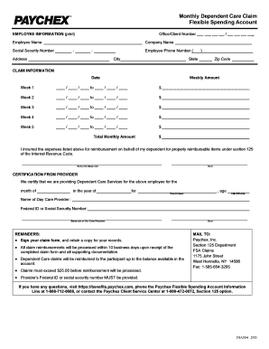 Monthly Dependent Care Claim Form