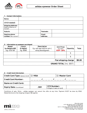 adidas Eyewear Order Sheet