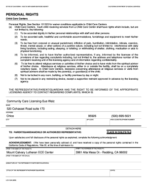 California Child Care Center Personal Rights Notice