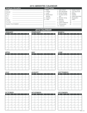 2010 Employee Absentee Calendar
