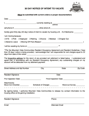 30 Day Notice of Intent to Vacate