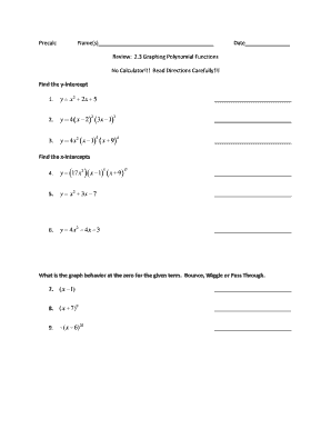 Precalculus Polynomial Functions Worksheet