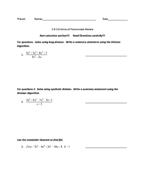 Precalculus Polynomials Worksheet